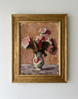 Framed vintage oil painting of a still life with pink flowers in a gilt frame, available at Hue.