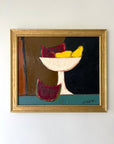 Framed vintage oil painting of a bowl of fruit with watermelon & pears in a vintage gilt frame, available at Hue.
