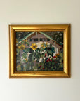 Framed vintage oil painting of a garden scene with sunflowers and a house in a vintage gilt frame, available at Hue.