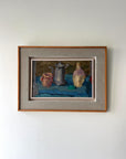Framed vintage oil painting of still life with three vessels on a table, available at Hue