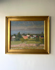 Framed vintage oil painting in a gilt frame depicting an impressionistic village scene, available at Hue.