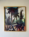 Large vintage oil painting of a Spanish street scene with whitewashed walls and women among the palms and agave plants, available at Hue.