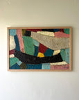 Colorful vintage abstract textured artwork in a wooden oak frame, available at Hue