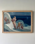 Framed vintage artwork of semi-abstract figures against a blue sky in a solid oak frame, available at Hue