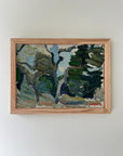 Framed vintage oil painting of an abstract landscape with trees in a solid oak frame, available at Hue.