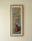 Framed vintage oil painting of a vase with apple blossom flowers in a vintage frame, available at Hue.