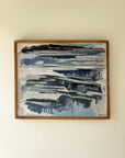 Abstract vintage painting with blue and gray brushstrokes in a wooden vintage frame, available at Hue.