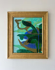 Framed, green & blue mixed media artwork with abstract design, available at Hue.