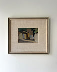 Framed abstract painting of houses in a vintage frame with linen mount, available from hue