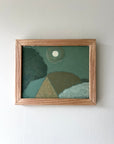 Framed vintage abstract painting of the moon rising over a green landscape with geometric shapes, available at Hue.