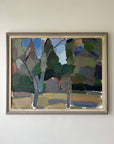 Framed semi-abstract, vintage oil painting of trees and a house, available at Hue.