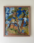 Framed vintage abstract painting of pine trees with blue, green, and brown colours in a solid walnut frame, available at Hue