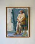 Framed vintage oil painting of a nude figure on a chair. Semi-abstract art available at Hue.