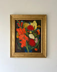 Framed vintage oil painting of a mixed coral gladioli bouquet on a dark background. Available at hue.