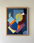 Abstract vintage painting with geometric shapes in a wooden oak frame, available at Hue
