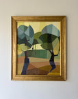 Framed vintage oil painting of a cubist landscape with geometric trees. Available at Hue.