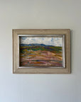 Framed vintage oil painting of an autumnal landscape in muted ochre colours. Available at Hue.