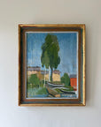 Framed vintage oil painting of wooden boats anchored on the riverside, available at Hue.