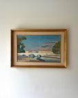 Framed landscape oil painting of a bridge over the river in a vintage gilt frame, available from Hue