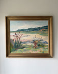 Framed vintage oil painting of a seascape with a beach painted in pastel colours. Available at Hue.