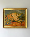 Framed vintage oil painting of an arid landscape with trees and cacti in a gilt frame, available at Hue.