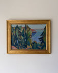 A framed vintage landscape oil painting featuring stylized green trees and blue water, enclosed in a gold frame. Available at Hue.