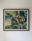 Large, framed vintage semi-abstract oil painting of a house among trees. Available at Hue.