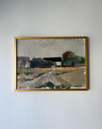 Framed vintage landscape oil painting of a farm track and buildings. Available at Hue.