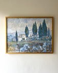 Framed vintage oil painting of a landscape with cypress trees and white villas, available at Hue.