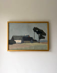 A framed vintage landscape oil painting depicting coastal farm buildings and a large windswept tree against a muted grey sky. Available at Hue.
