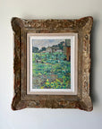 Framed vintage oil painting of a farm garden full of flowers in an ornate vintage frame, available at Hue