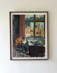 Framed vintage oil painting of a person sitting at a table with a cityscape view. Available at Hue.