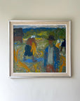 Framed vintage oil painting of three figures working in a field, available at Hue.