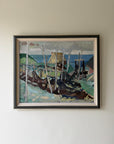 A framed vintage oil painting of fishing nets on a shoreline with a distant blue horizon. Available at Hue.