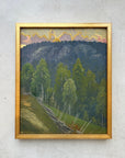Framed, vintage, oil painting of a landscape with trees and mountains, available at Hue.