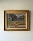 Framed vintage oil painting of a rural landscape with houses and flowers, available at Hue.