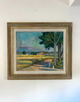 Framed vintage oil painting of a landscape with trees and fields, available at Hue