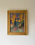 Framed vintage landscape oil painting of a forest with autumnal colours. Available at Hue.