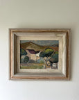 Framed vintage oil painting of a landscape with trees and houses in a vintage frame, available at Hue.