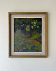 Framed vintage oil painting of a dense forest scene in a vintage wooden frame with linen mount, available at Hue.