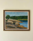Framed vintage oil painting of a landscape with rocks and water in a vintage frame, available at Hue.
