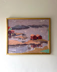 A framed vintage oil painting of a tranquil harbour scene with boats and cabins. Available at Hue.