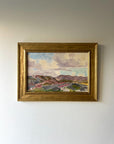 Framed vintage oil painting of a mountainous landscape with lilac and green colours, available at Hue.