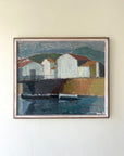 Framed vintage oil painting of a coastal scene with buildings and water. Available at Hue.