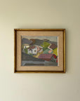 Framed vintage oil painting of a landscape with houses in a vintage frame with linen mount, available at Hue.