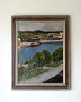 Framed vinatge oil painting of a harbor scene with a boat. Available at Hue.