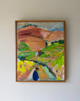Painting of a vintage oil landscape with a person and mountains. Available at Hue.