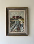 Framed vinatge oil painting of a rural landscape with red buildings. Available at Hue.