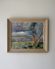 Framed vintage oil painting of a landscape with trees and water. Available at Hue.