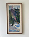 Framed vintage oil painting of a landscape with mountains and a stream, available at Hue.